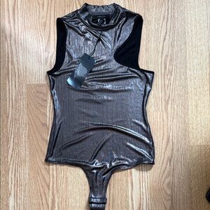 BCBGMaxAzria Metallic Bodysuit in Black and Silver